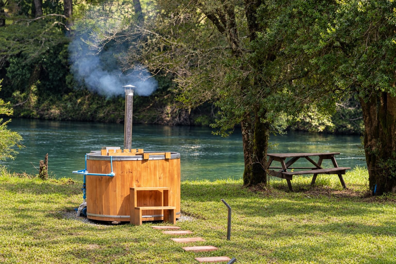 La tinaja encendida junto al río, con humo, la mesa de picnic y el caminito de baldosas